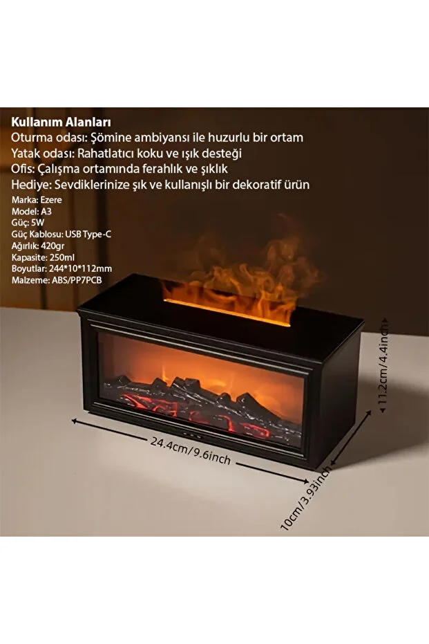 A4 Şömine Esintili Aromaterapi Difüzörü Ultrasonik Hava Nemlendici SİYAH